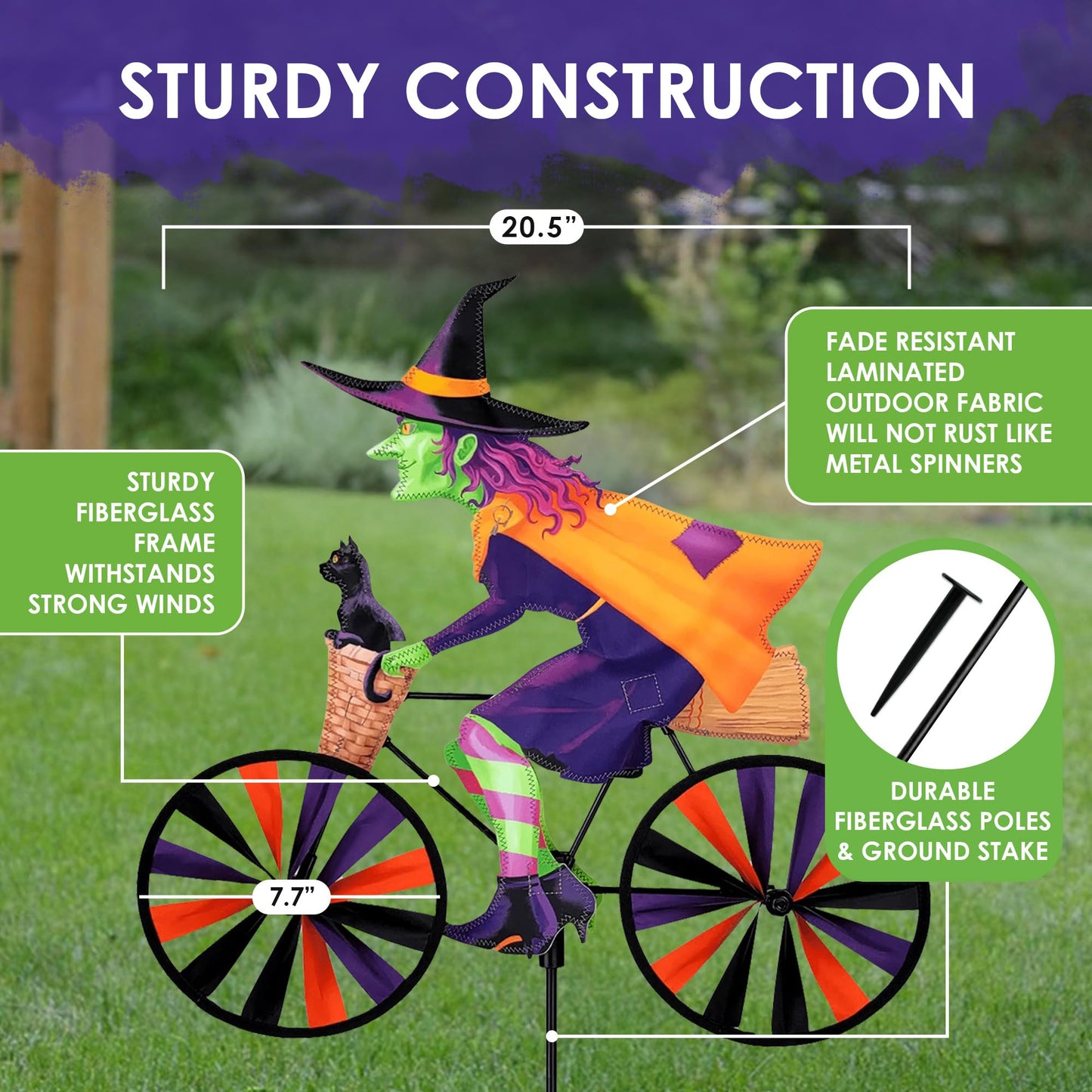 Bike Spinner Witch 20" – Spooky Halloween Design, Weather-Resistant Outdoor Decor, Durable & Lightweight for Patios, Yards, and Gardens - Eye-Catching Wind Spinner with Rotating Wheels