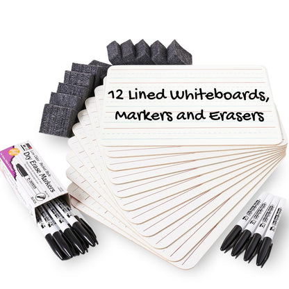 Charles Leonard Dry Erase Board Classroom Pack - Mini Lapboard School Supplies - Includes 12 Each One-Sided Lined Erasable White Boards, 2 Inch Felt Erasers and Black Dry Erase Markers (35025)