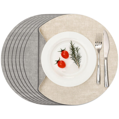Myir JUN Reversible Vinyl Round Placemats Set of 8, Faux Leather Place Mats Dual Sided Waterproof Wipeable, Heat-Resistant Table Mats for Kitchen Dining Indoor Outdoor (14", Light Gray Cream-White)