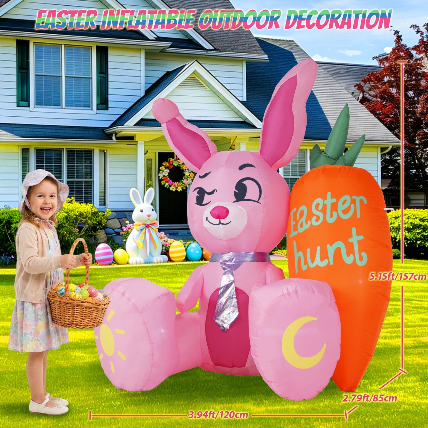 5.15FT Easter Inflatable Bunny Outdoor Decorations, Pink Rabbit with Orange Carrot, Built-in LED Lights and Anchor Kit, Blow Up Yard Decor for Garden, Lawn, Patio, Easter Egg Hunt Party