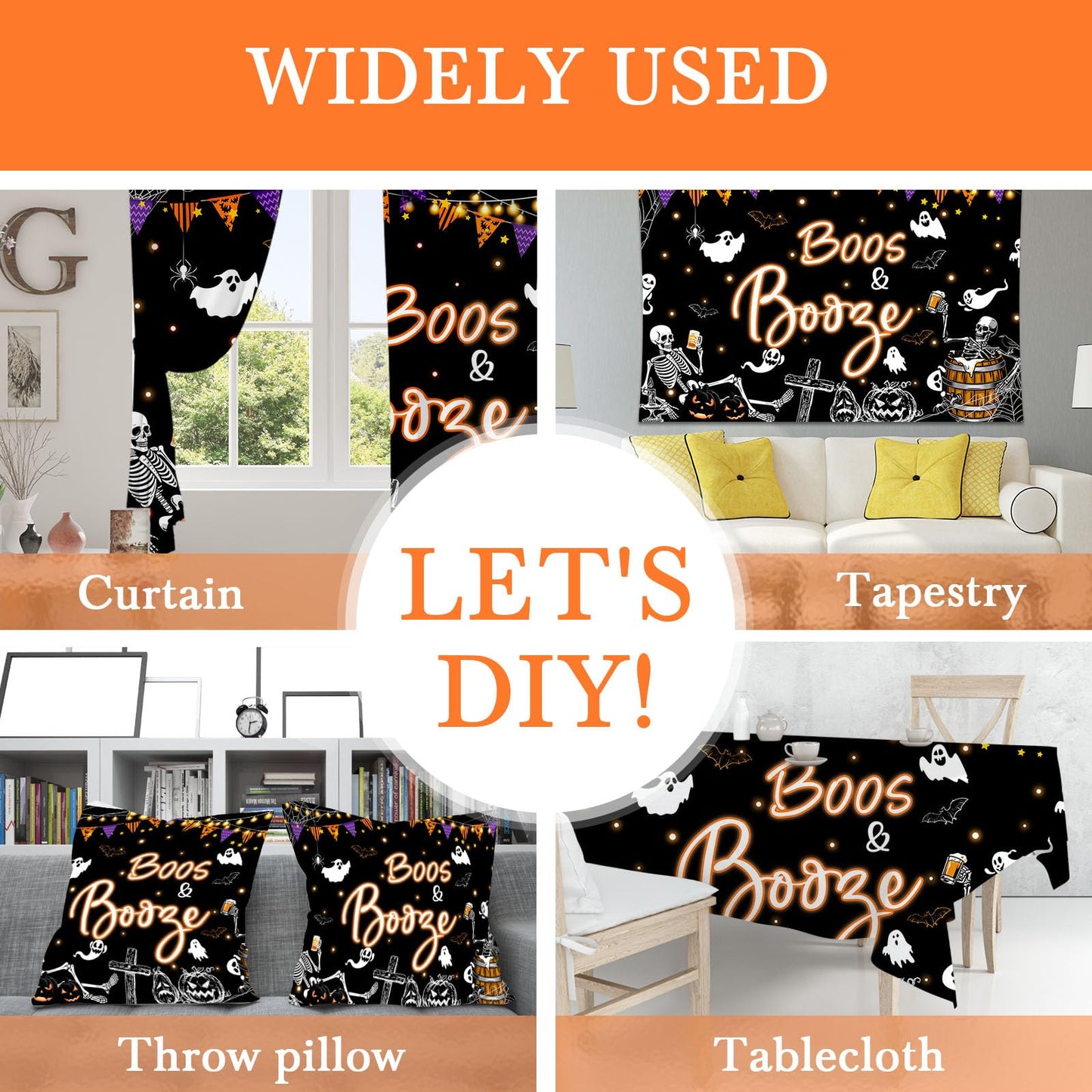 Mocsicka Halloween Boos and Booze Backdrop Skeleton Halloween Banner for Adult Cocktails Party Background for Photography Ghost Spooky Party Supplies (Black, 7x5ft(82"x60"))