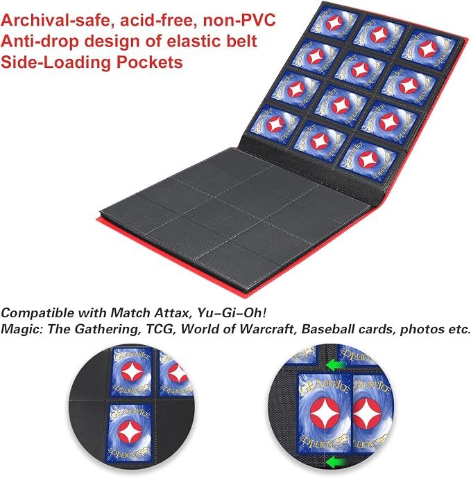 GEAoffice Card Binder, 12 Pockets Trading Card Album Holder, 624 Side Loading Pocket Card Collecting Book Folder for Yugioh, MTG,TCG, Sports & Games Cards, Red