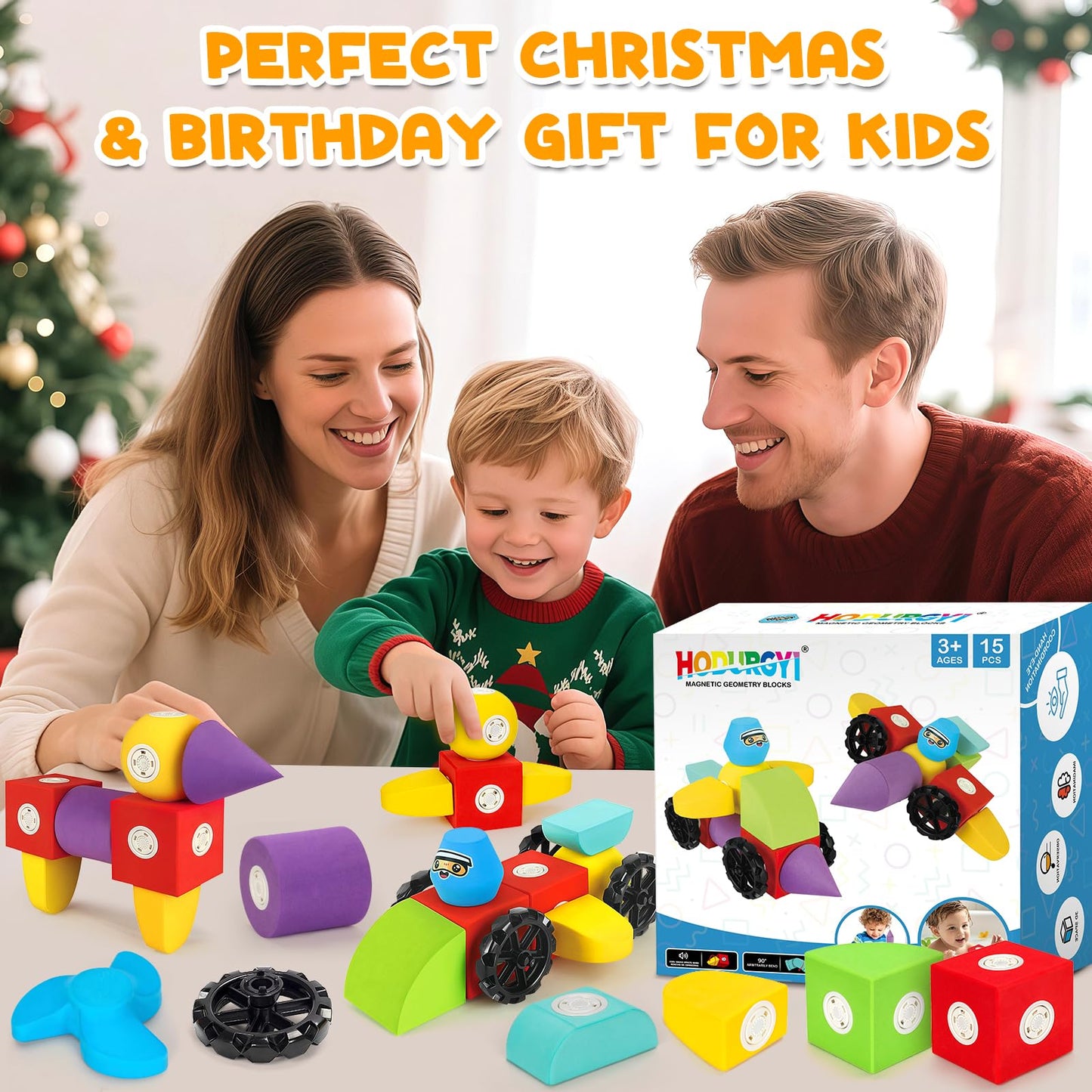 Hodurgyi 15 PCS Magnetic Foam Blocks, STEM Preschool Toys for Children, Magnetic Building Blocks for Toddlers, Kids Bath Toys and Montessori Sensory Toys, Birthday for Boys & Girls Age 3 4 5 6+