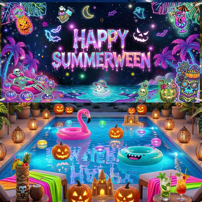 Printspree Summerween Banner Halloween Decorations - 70.8x35.4 Inch Summer Halloween Party Backdrop for Home Pink Pumpkin Tropical Palm Tree Beach Summerween Party Supplies Wall Decor