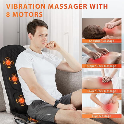 Back Massager with Heat, Seat Massager with 8 Powerful Vibration Motors, Portable Massage Chair Pad for Office Home Use, Gift for Men/Women/Family/Friends