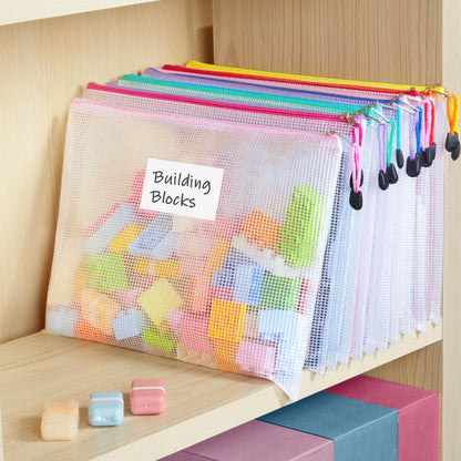 Sooez 14 Pack Mesh Zipper Pouch Bags, A4 Letter Size, Zipper Bags with Label Pocket, Waterproof Bag for Classroom Organizer, School Office Teacher Supplies, Storage Pouches for Board Game Toy Storage