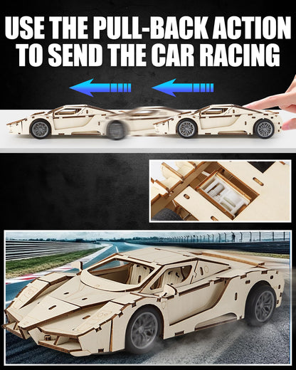 MOCBURIKU 3D Wooden Puzzles Model Car Kits to Build for Adults, Beginner-Friendly Pull Back Sport Car Building Toys, Wood Craft Gift for Boys and Men on Birthday Christmas