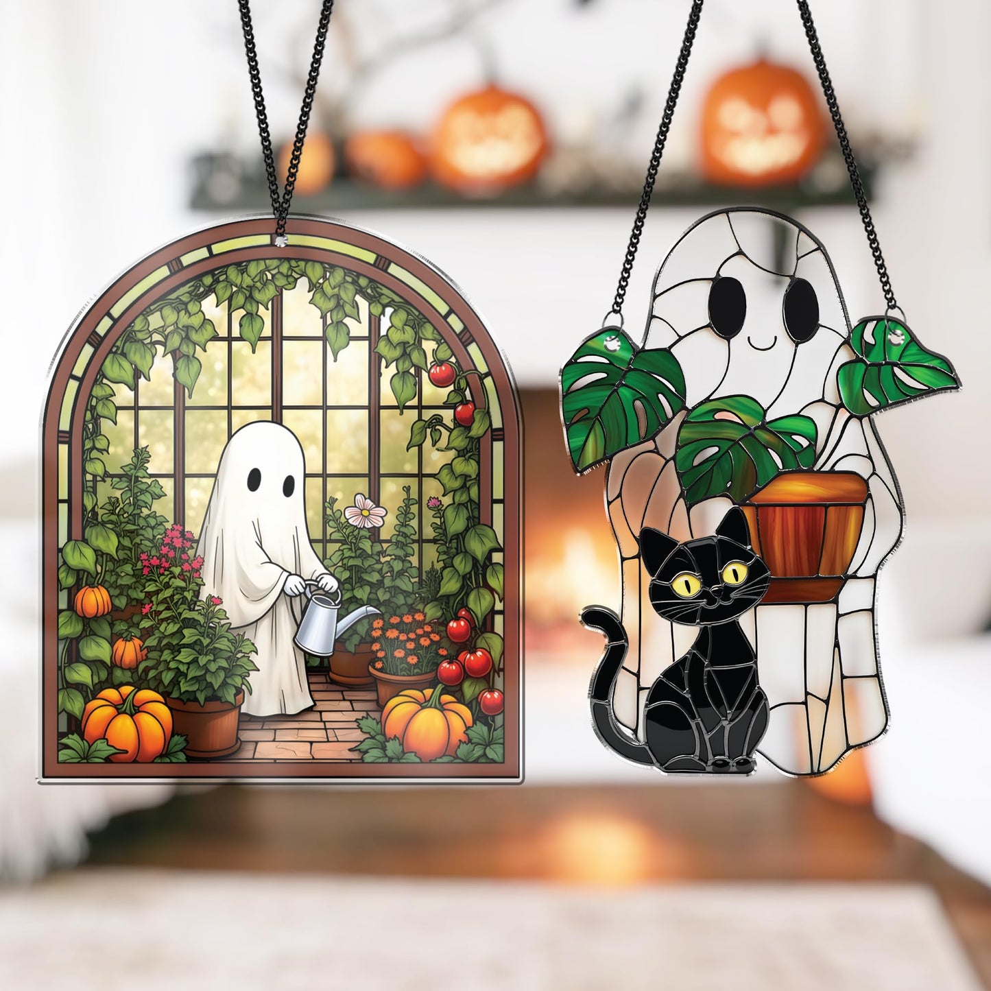 2 Cute Halloween Decoration Suncatchers, 6" Spooky Cute Ghost Plant Window Hangings, Ghost with Black Cat Greenhouse, Pumpkin Ornaments Home Garden, Gifts for Mom, Plant Lovers, Women, Girl SS358