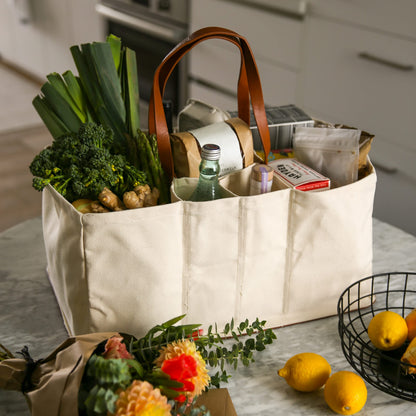 CapaBunga Grocery Tote Bag with Handles - 5 Pocket Large Utility Tote Bag - Heavy Duty Canvas Utility Bags with Vegan Leather Base - Reusable Shopping Bags for Groceries - Natural Grocery Bag