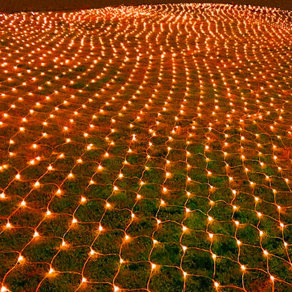 198 LED Orange Net Lights Outdoor Mesh Lights 9.8ft x 6.6ft for Garden, Lawn, Shrubs, Party, Wedding, Halloween Decorations, 8 Modes & Memory Function, Connectable, Blackish Green Wire-Orange
