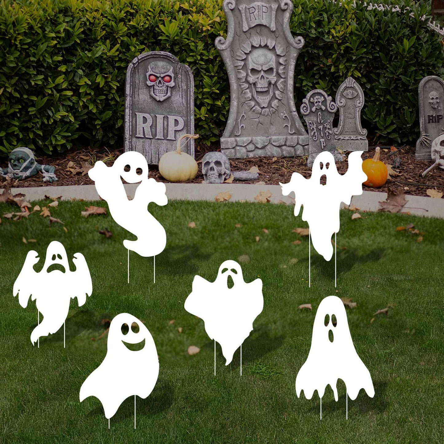 EIGHTSTATES 5pcs Halloween Ghost Yard Signs with Stakes - Black - Plastic & Wood - 12"x15" - Outdoor Garden Lawn Decor - Halloween Party Favor