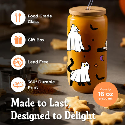Halloween Ghost Cat Cups - Cute Halloween Gifts Spooky Boo Basket Stuffers for Women Teens Boy Girls Kids - 16oz Glass Iced Coffee Cup w/ Lids and Straw - Ideal for Trick or Treat Party Favors Decor