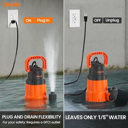 Cleartide Submersible Utility Water Pump, 8160 LPH High Flow, 100% Copper Motor, Thermoplastic Portable Plug & Work, Ideal for Pool, Flooded Basement, Hot Tub, Pond & Garden Draining,10 FT Cord
