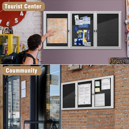 Mifuro 70"x34" Enclosed Bulletin Board, Outdoor Lockable Weather-Resistant Aluminum Cork Noticeboard for School & Office, Silver Frame w/Black Flet