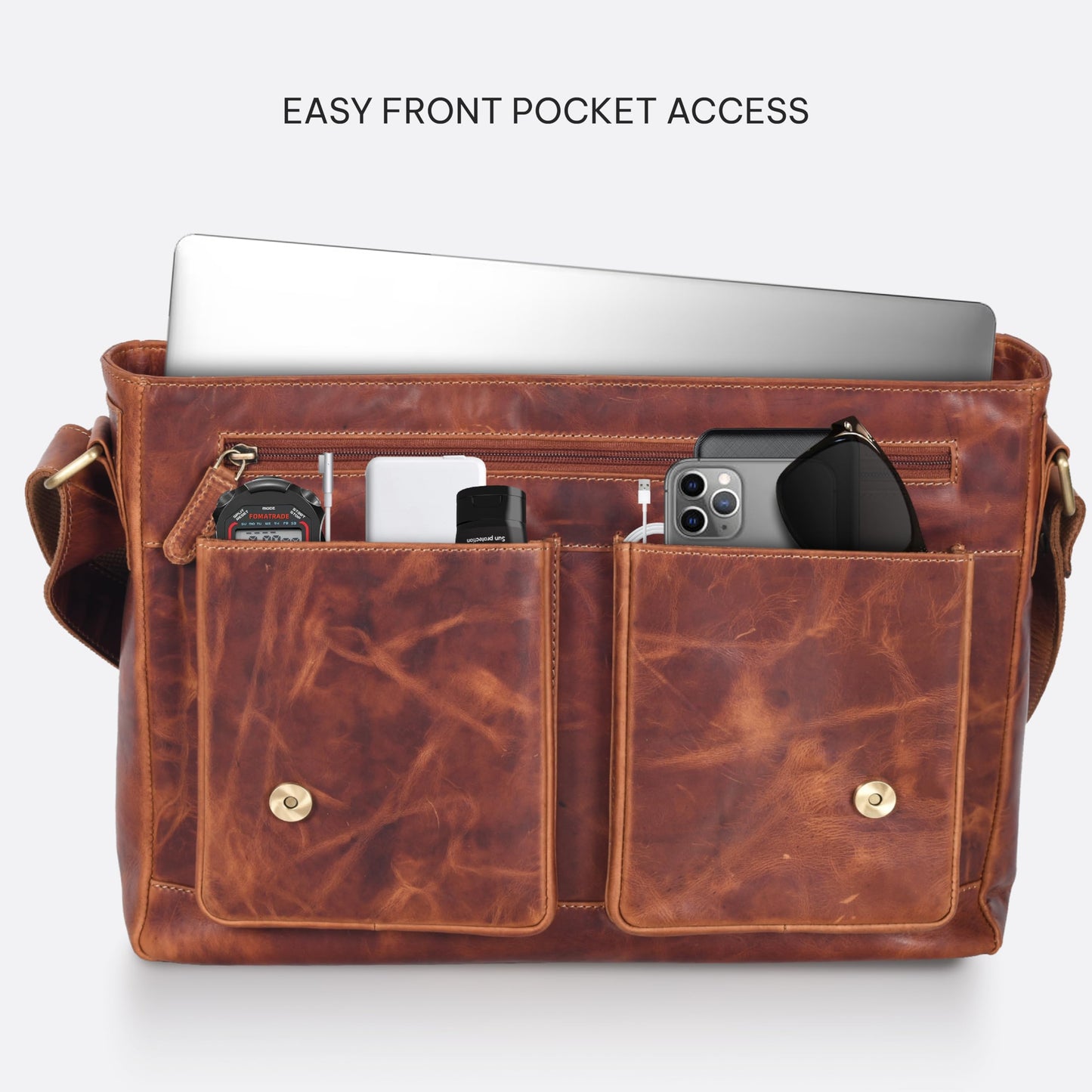 VALENCHI 15" Full Grain Leather Laptop Messenger Bag For Men & Women - Padded 15.3" Laptop Compartment, Ample Storage & Pockets, Premium Natural Leather (Cognac Vintage)