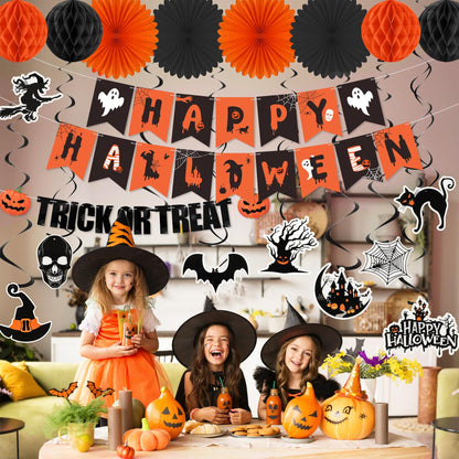 Halloween Party Decorations Indoor, Happy Halloween Banner Sign Decorations Kit with Honeycomb Ball Paper Fans Pumpkin Bat Hanging Swirls Streamers for Home Party Decor