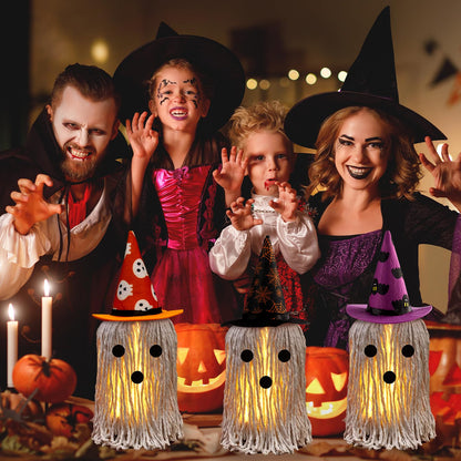 Halloween Ghost Decoration Indoor 3 Pack Light Up Standing Spooky Ghosts with Witch Hats, Halloween Table Decor Cute Ghost Boo Kitchen Tabletop Party Decor and Holiday Decorations