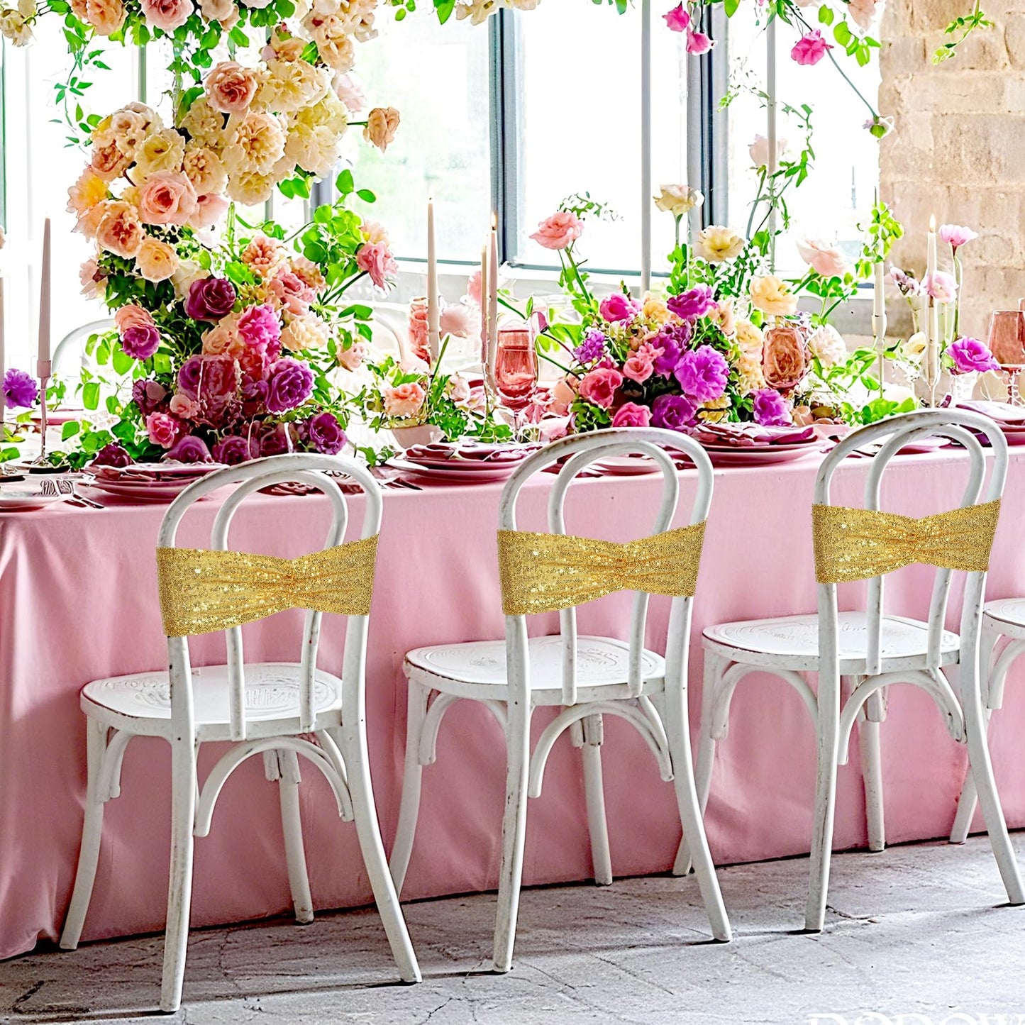 Poise3EHome Gold Sequin Chair Sashes Folding Chair Covers Bow for Party Wedding Reception Decorations, 50 PCS