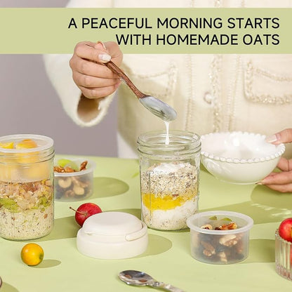 Overnight Oats Containers with Handles & Lids – 16oz Glass Mason Jars with Spoons & Fruit Compartments, Chia Pudding Jars with Lids, 4 Sets (Cream, Dark Blue, Purple, Green)