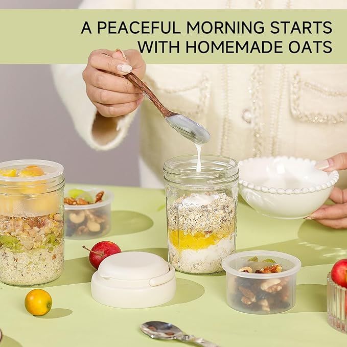 Overnight Oats Containers with Handles & Lids – 16oz Glass Mason Jars with Spoons & Fruit Compartments, Chia Pudding Jars with Lids, 2 Sets (Cream, Yellow)