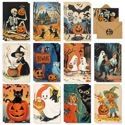 Whaline 33 Pack Halloween Cards Vintage Cartoon Greeting Cards with Envelopes Stickers Glue Stick Blank Note Card for Party Invitations, 4 x 6 Inch