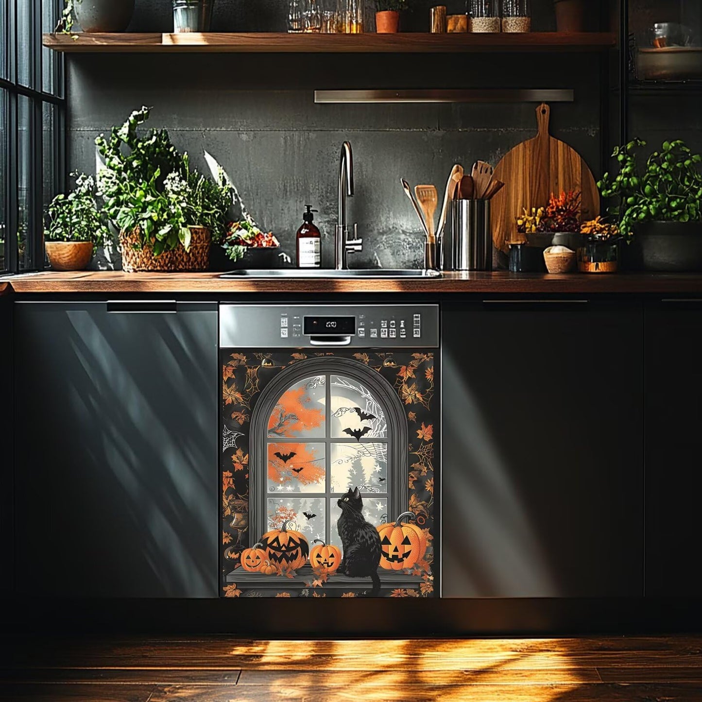 Generic Halloween Dishwasher Magnet Cover, Fall Pumpkins Black Cat Bats Kitchen Decor Refrigerator Magnetic Panel Decals, Autumn Maple Leaves Stickers Home Appliances Holiday Decoration 23x26