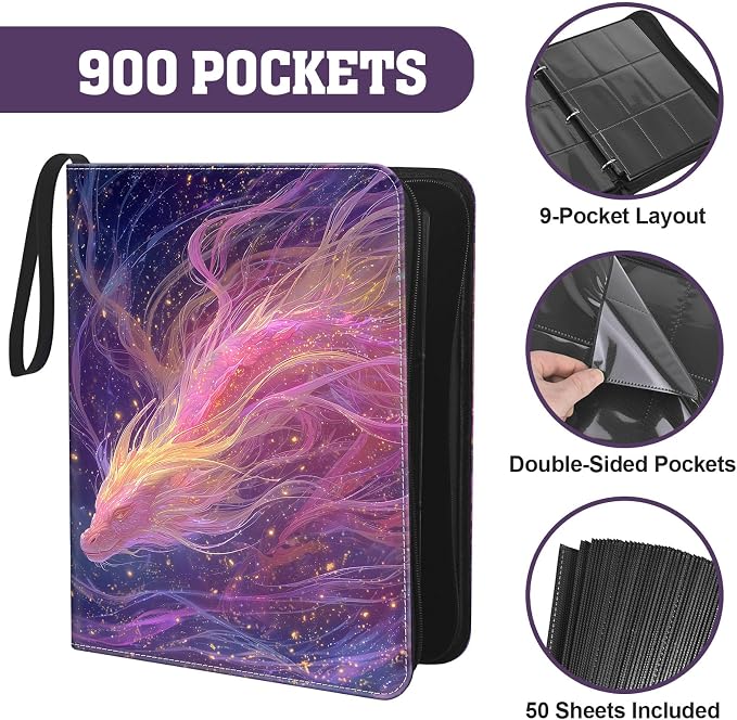 Trading Card Binder 900 Capacity, 50 Double-Sided 9-Pocket Top-Loading, 3-Ring TCG Album for 2.5 x 3.5 Cards, Acid Free PVC Free, Water-Resistant PU with Wrist Strap - Nebula Dragon Design