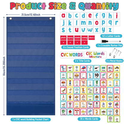 Pasimy CVC Word Pocket Chart with 65 Double-Sided Phonics Flash Cards Classroom CVC Word Literacy Games Preschool Kindergarten Classroom Must Haves for Learning Reading and Spelling(Blue)