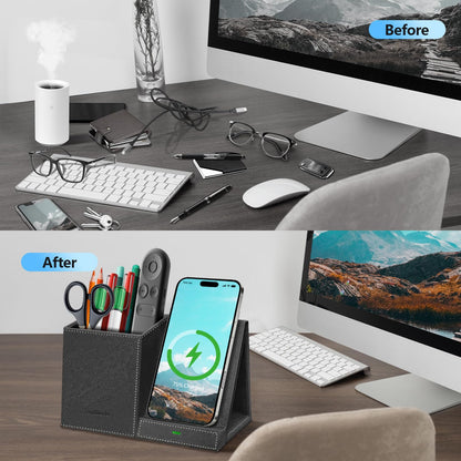 TopMade Wireless Charger with Pen Pencil Holder, Leather Mltifunctional Desk Nightstand Organizer, Fast Charging Station Remote Control Holder, Office Supplies Desk Accessories, Gifts for Men(Black)