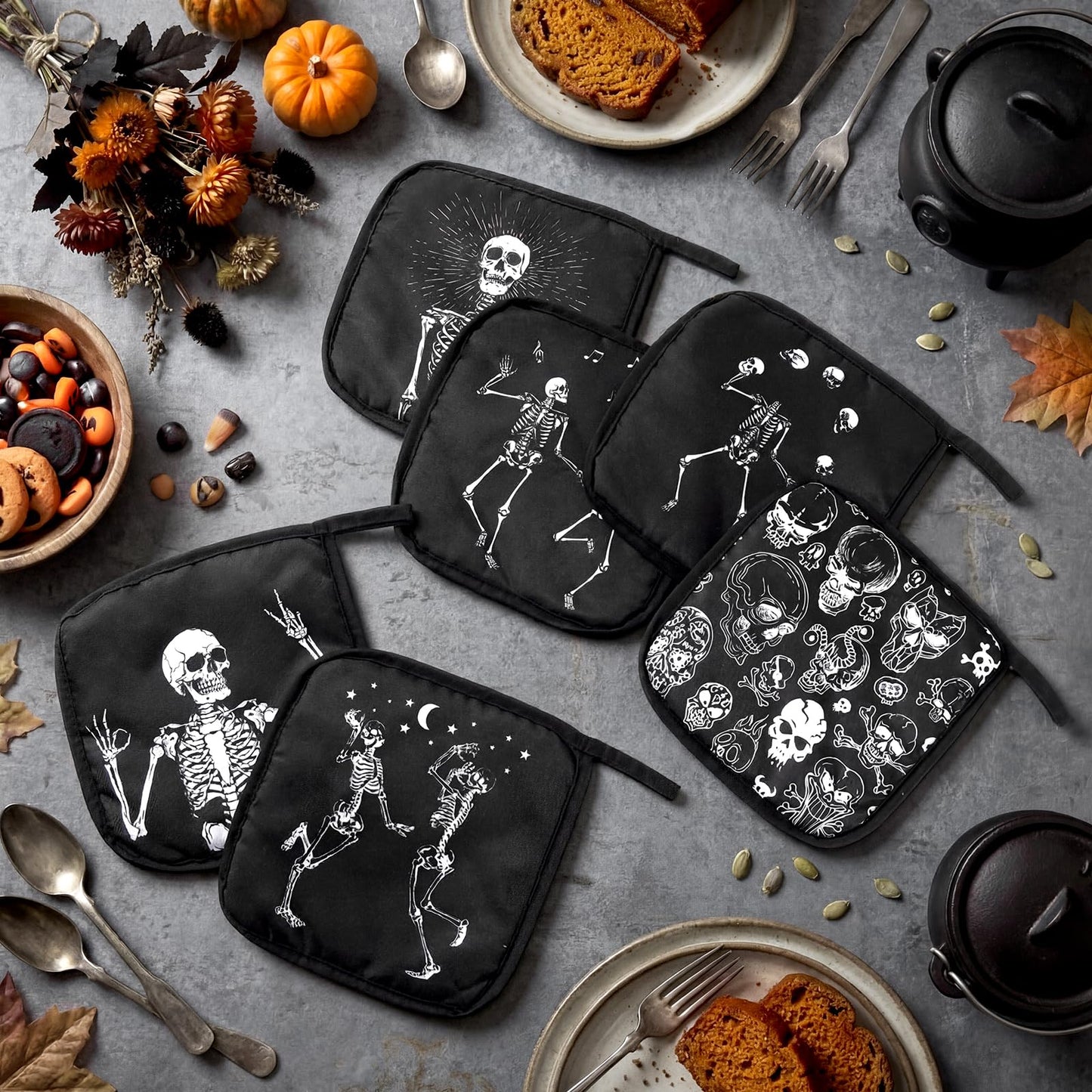 Bencailor 12 Pcs Pot Holders with Pocket Kitchen Hot Potholders Hot Pad Oven Mitts Cookie Bag Oven Gloves for Kitchen Gift Baking Cooking (Black,Skull 2)