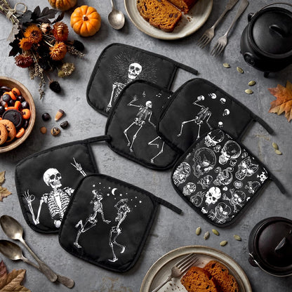Bencailor 12 Pcs Pot Holders with Pocket Kitchen Hot Potholders Hot Pad Oven Mitts Cookie Bag Oven Gloves for Kitchen Gift Baking Cooking (Black,Skull 2)
