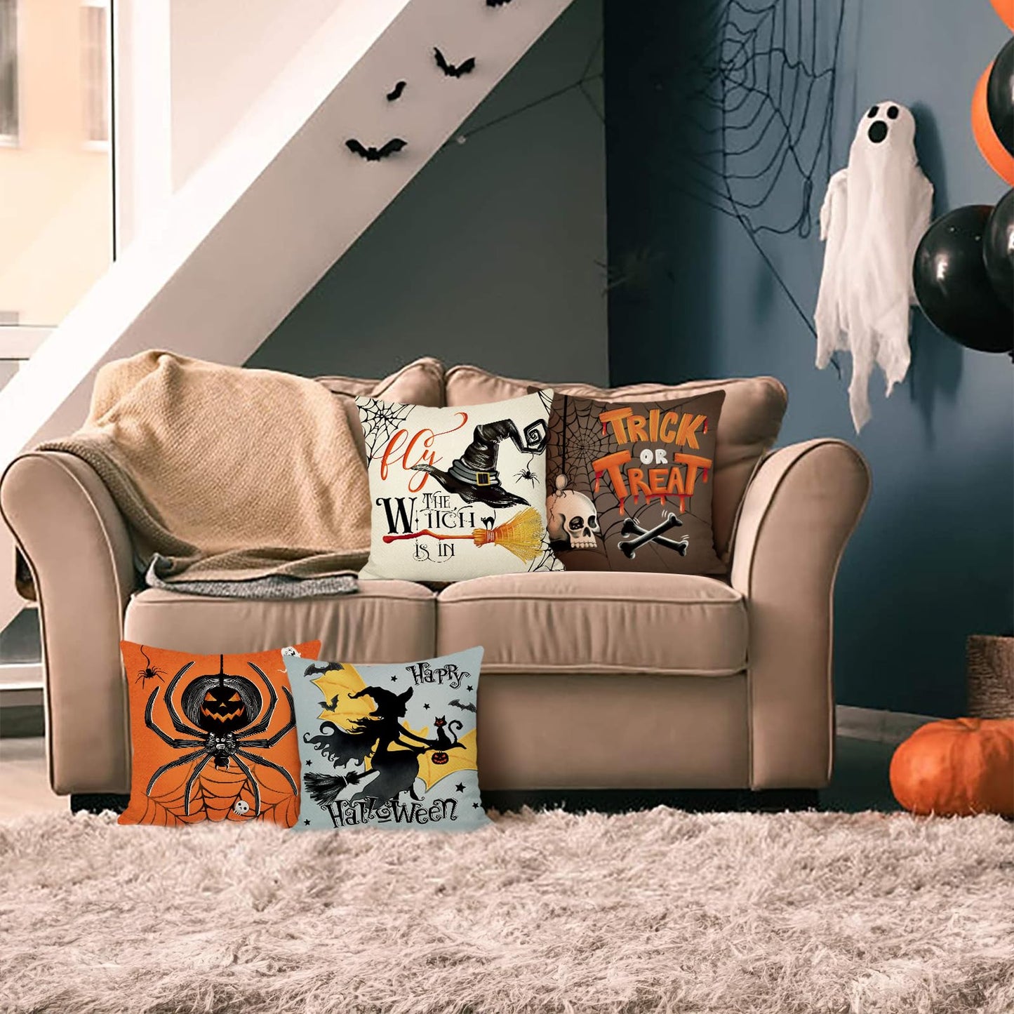Bonhause Halloween Pillow Covers 18 x 18 Inch Witch Spider Skull Trick or Treat Decorative Pillows for Sofa Home Halloween Decor Set of 4