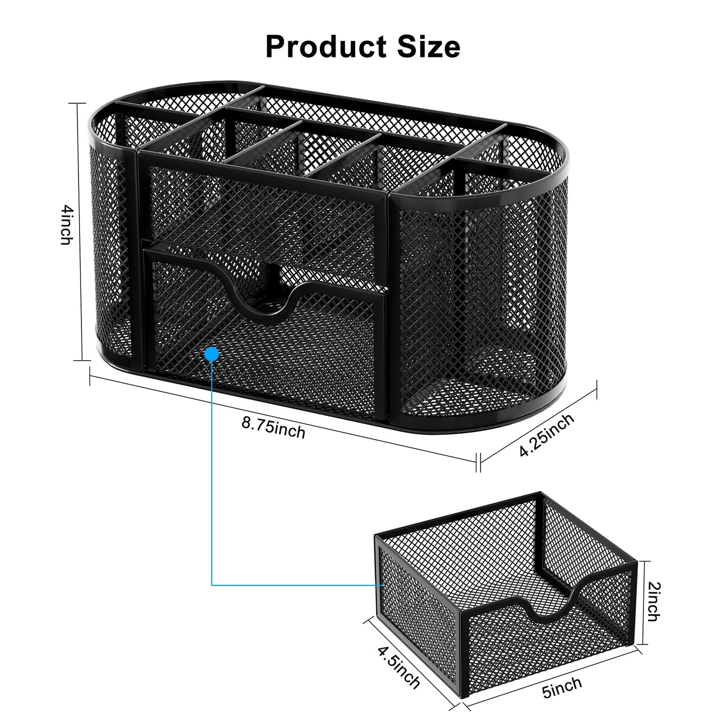 EasyPAG Mesh Pen Holder Desk Organizer with Drawer Stationery Supplies Organizer for Dorm School 9 Compartments Workspace Desk Accessories Organization for Office, Black
