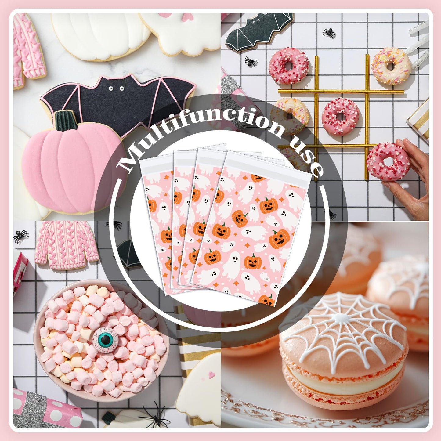 Whaline 100Pcs Halloween Treat Bags Self Adhesive Pink-Orange Ghost Pumpkin Candy Goodie Bag Cute Buffet Favor Bag for Trick or Treat Birthday Party Supplies