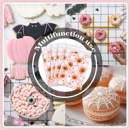 Whaline 100Pcs Halloween Treat Bags Self Adhesive Pink-Orange Ghost Pumpkin Candy Goodie Bag Cute Buffet Favor Bag for Trick or Treat Birthday Party Supplies