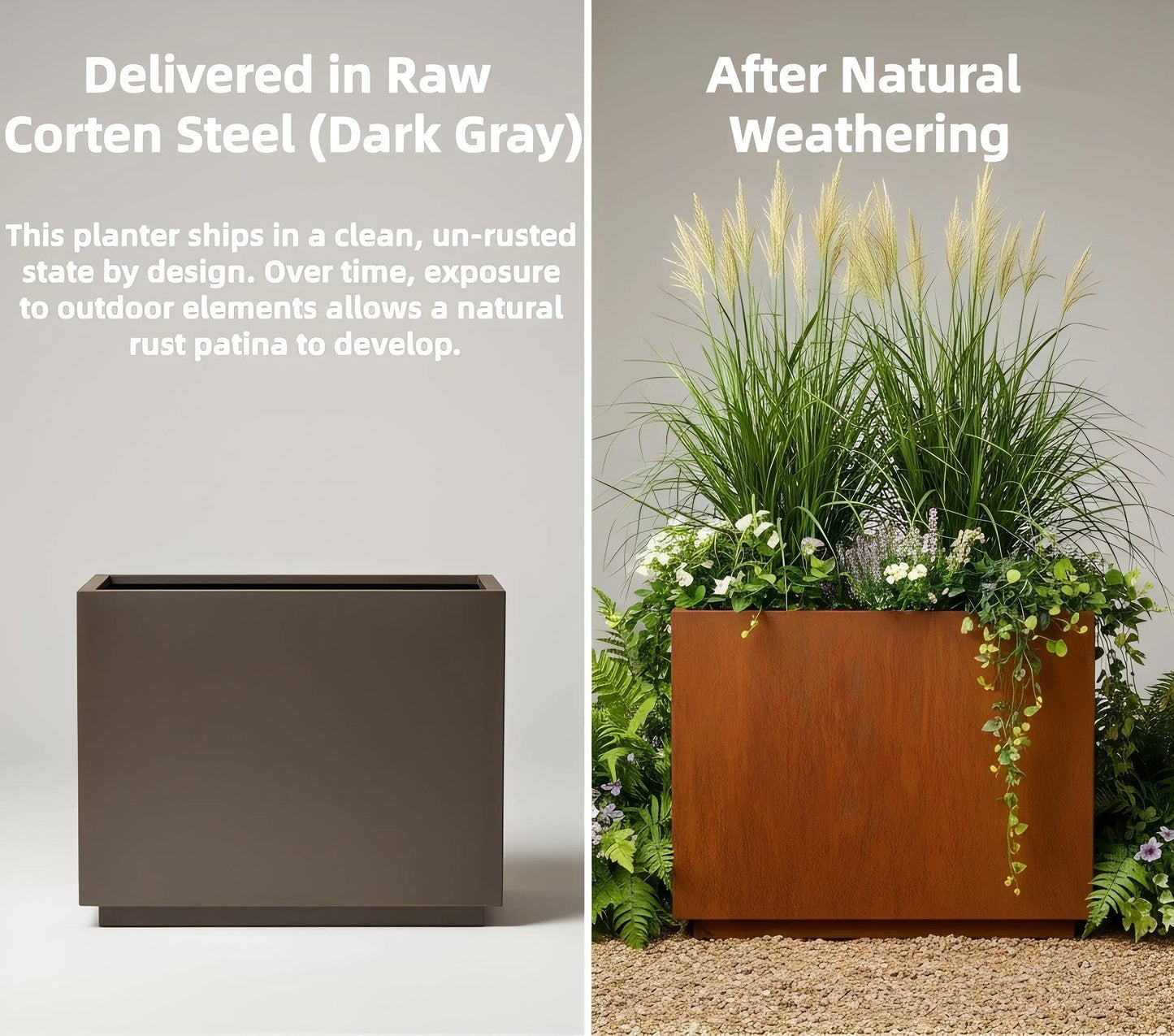 Decoroca Corten Steel Planter Box Outdoor, 14 Gauge Heavy Duty Metal Prevents Warping, for Patio Garden Divider and Privacy Screen, Arrives Un-Rusted, 24" H x 12" W x 30" L