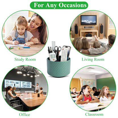 QIELIZI Round Leather Art Supply Organizer,Remote Control Holder,360 Degree Rotating,Multi-Functional Pencil Holder,4 Compartments Desktop Stationary Organizer(1-Triangle Green)