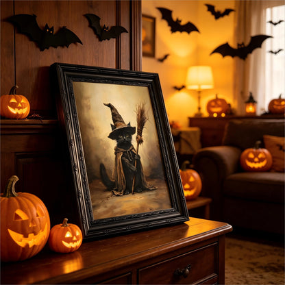 FKRYTYB Framed Halloween Wall Art, black cat witch wall decor, 9x11in