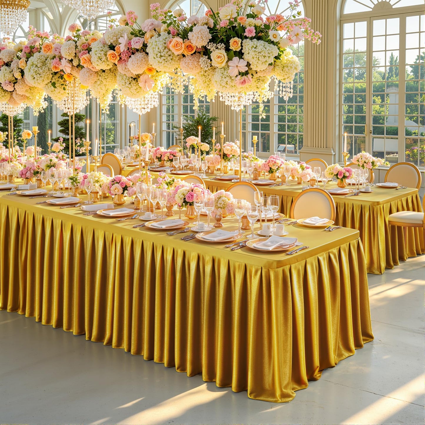 8FT Gold Satin Tablecloths for Rectangle Tables - Shiny Spandex Party Table Cover with Pleated Table Skirt, No-Wrinkle & Glossy Wedding Tablecloth One-Piece for Birthday Baby Shower Banquet Ceremony
