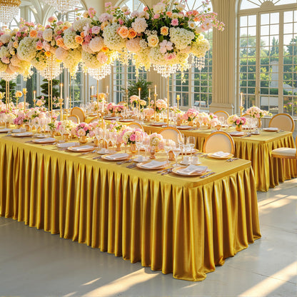 8FT Gold Satin Tablecloths for Rectangle Tables - Shiny Spandex Party Table Cover with Pleated Table Skirt, No-Wrinkle & Glossy Wedding Tablecloth One-Piece for Birthday Baby Shower Banquet Ceremony