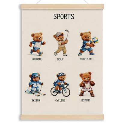 MOTERMATE Bear Sports Nursery Poster Hanger Frame, Sports Wall Hanging Decor Art Framed for Toddlers Kids Boys Room Nursery Bedroom Playroom, Kids Playroom Wall Poster Prints, 12x16 Inch