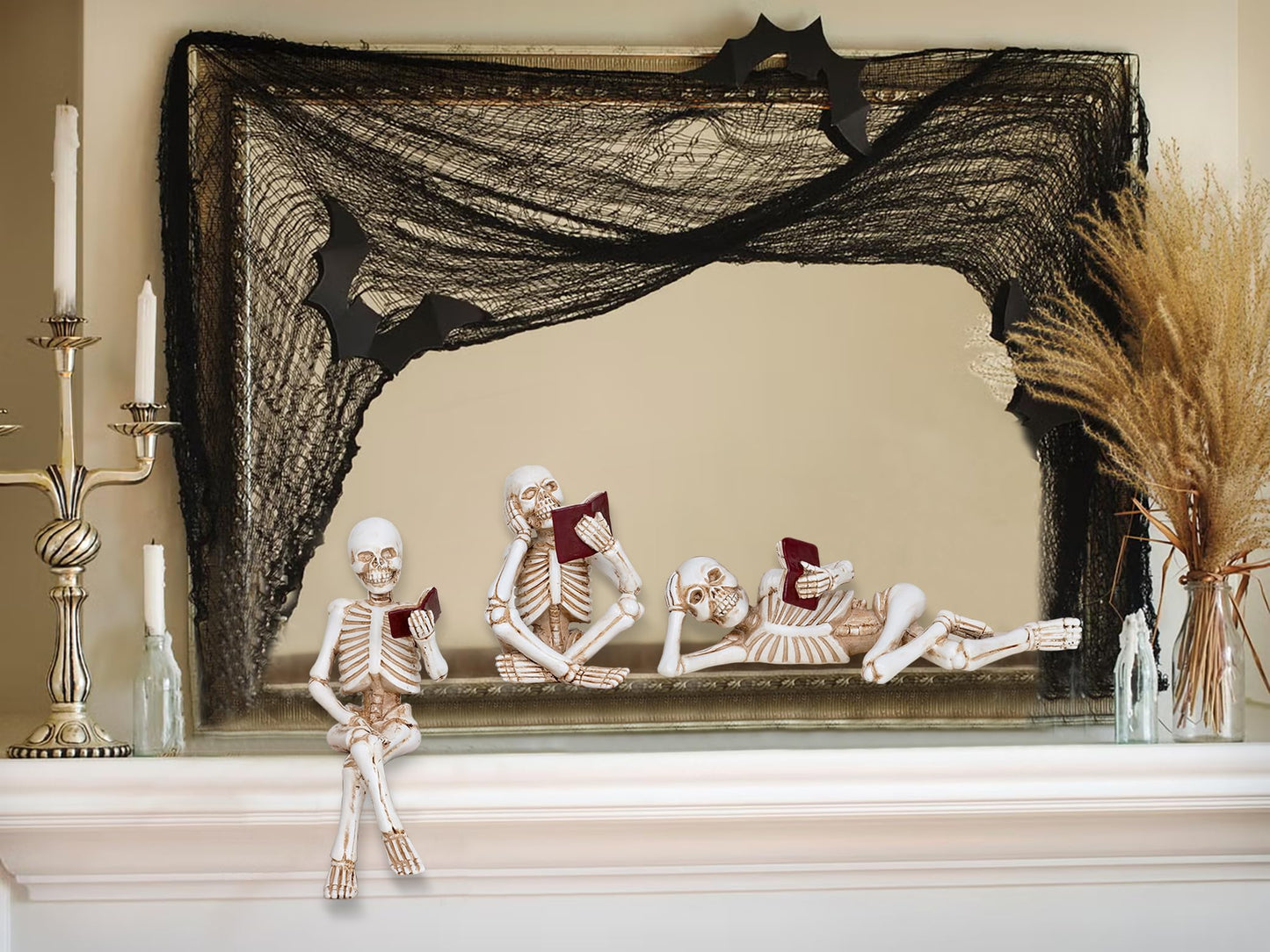 Dawbun 3 Piece Halloween Indoor Decor Figurines Sitting Skeleton Statue Halloween Decorations mini Reading Skull Figurine Home Decor for Living Room Table Shelf Ornament