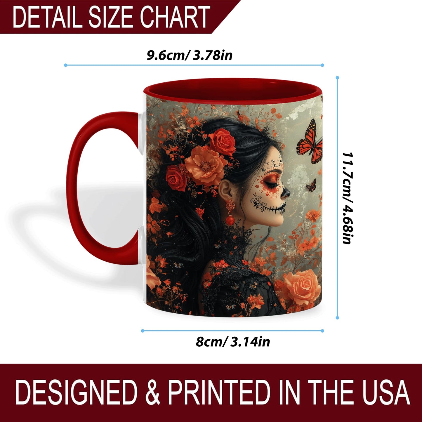 ANOVRA Day of the Dead Lady Mug, Dia de los Muertos Coffee Mug with Orange Rose Face Paint, Gothic Mexican Art Ceramic Cup, Gift for Halloween, Her, Friends, Celebration, 11oz