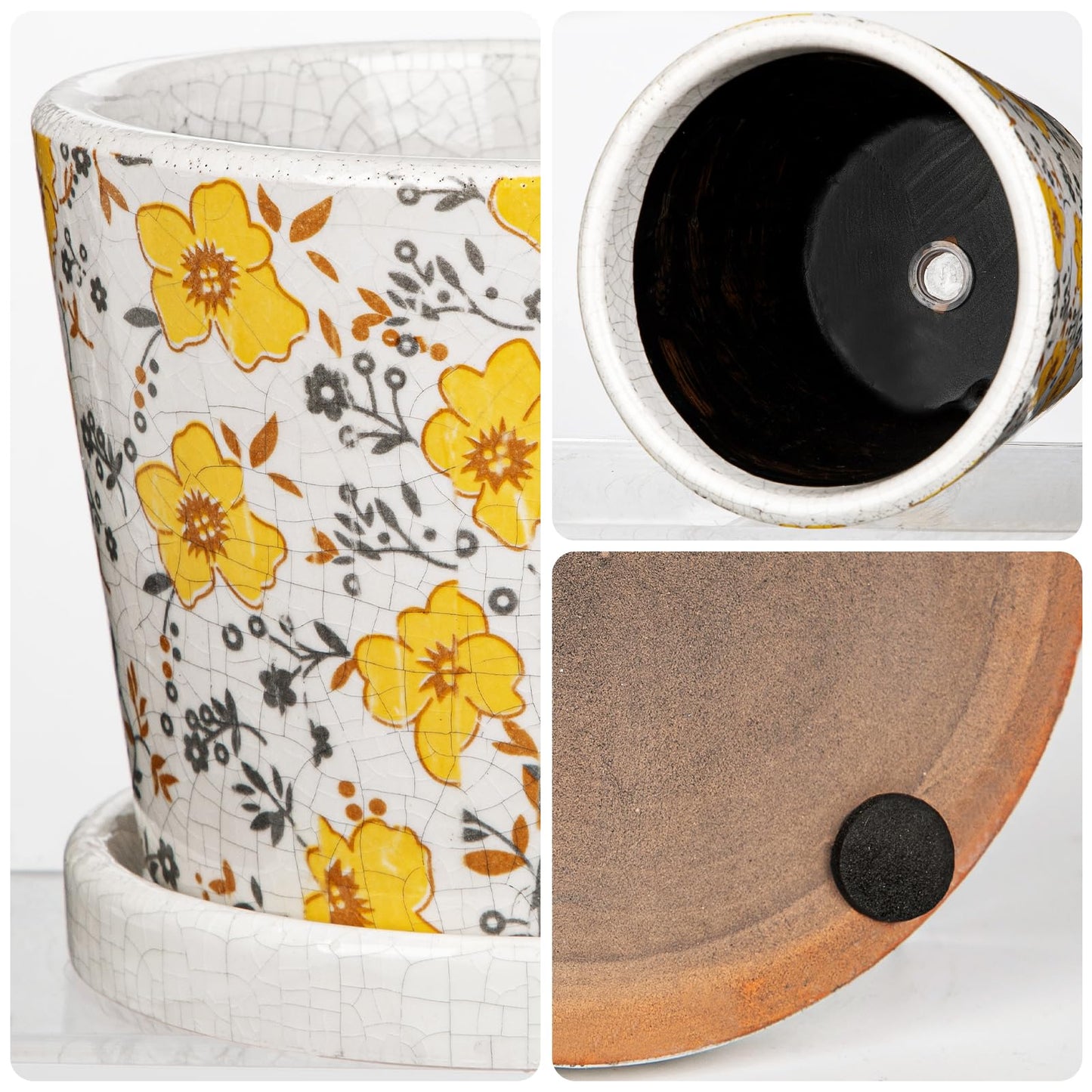 Small Ceramic Pot for Indoor Plants - 5.5 inch Plant Pot with Drainage Hole and Saucer Yellow Flower Decorative Planter Indoor Outdoor Pots for Succulent Cactus Pothos Plant Windowsill Home Garden