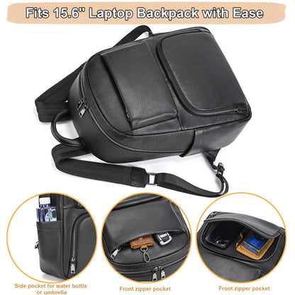 Yevabo Genuine Leather 15.6 Inch Laptop Backpack for Men, Multi Pocket Casual Daypack Shoulder Bag for Business Travel Outdoor, Black