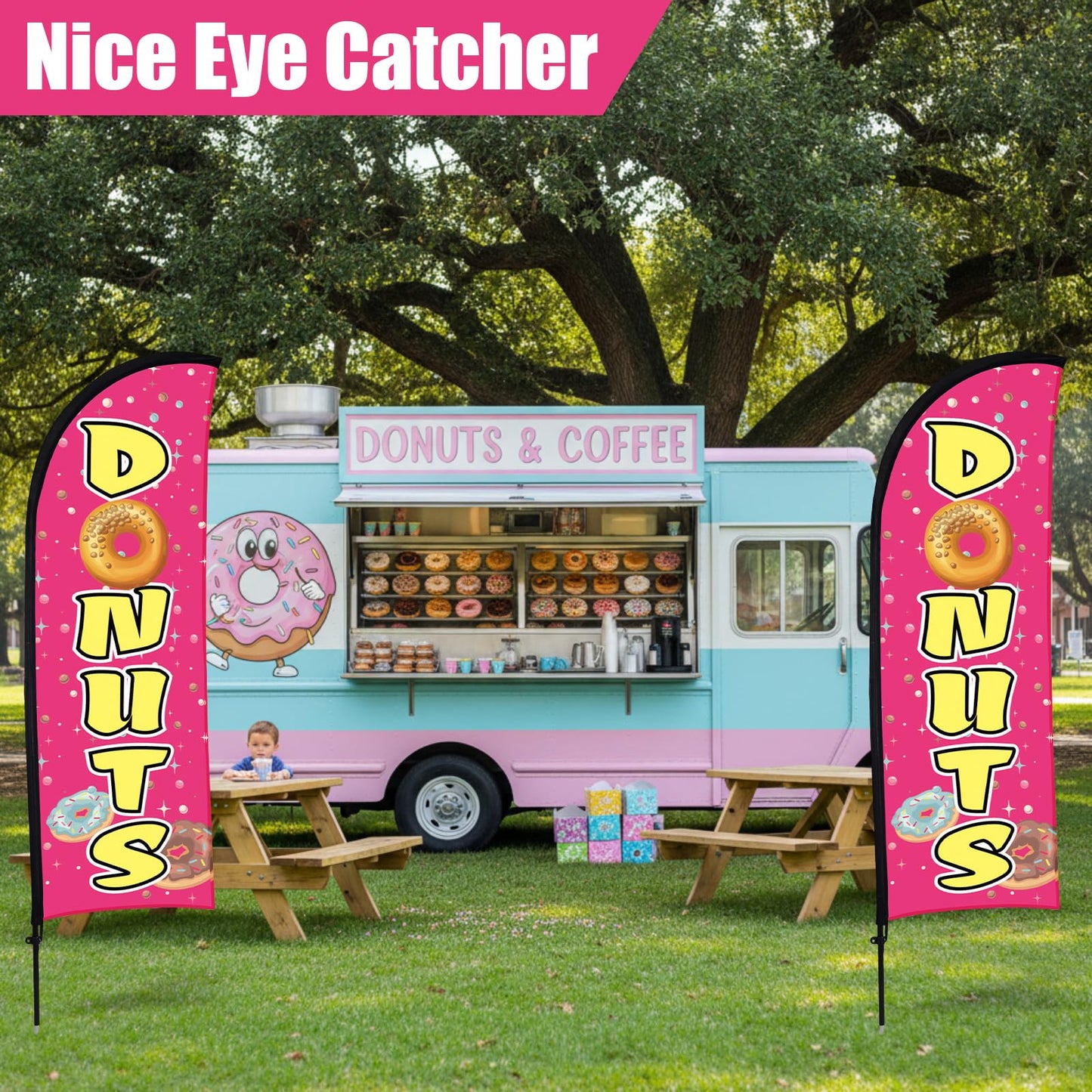Buryeah 2 Sets Donuts Feather Flag Pole Kit 7 ft Donuts Advertising Flag Sign Banner with Flagpole Ground Stake Portable Bag for Diner Restaurant Business Outdoor Advertising