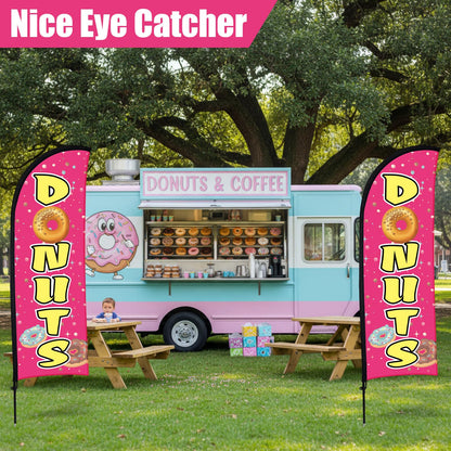 Buryeah 2 Sets Donuts Feather Flag Pole Kit 7 ft Donuts Advertising Flag Sign Banner with Flagpole Ground Stake Portable Bag for Diner Restaurant Business Outdoor Advertising
