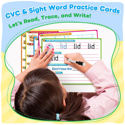 PraxiKidy CVC Word Games Sentence Building for Kids, Handwriting Practice Sight Words Writing Tracing Phonics Flash Cards, Pre k Preschool Kindergarten Learning Activities Homeschool Special Education