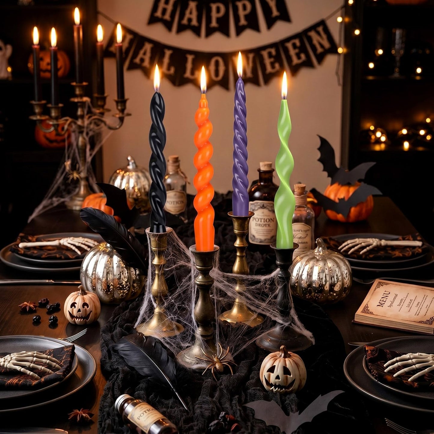 Nuanchu 4 Pcs Twisted Taper Candles Wax Unscented Smokeless Spiral Swirl Candlesticks for Wedding Holiday Dinner Party Home Decorations(7.87 Inch,Pure,Halloween Purple)
