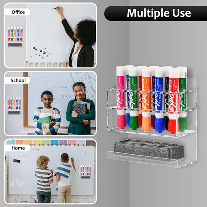 Dry Erase Marker Holder, 2 PCS Wall Mounted Acrylic Marker Holder with 10 Slots, Sticky Pen Storage for Classroom Organization, Whiteboard, Office, Clear